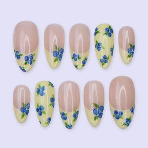Blueberry Press On Nails with Yellow French Tips | Medium Almond Fake Nails